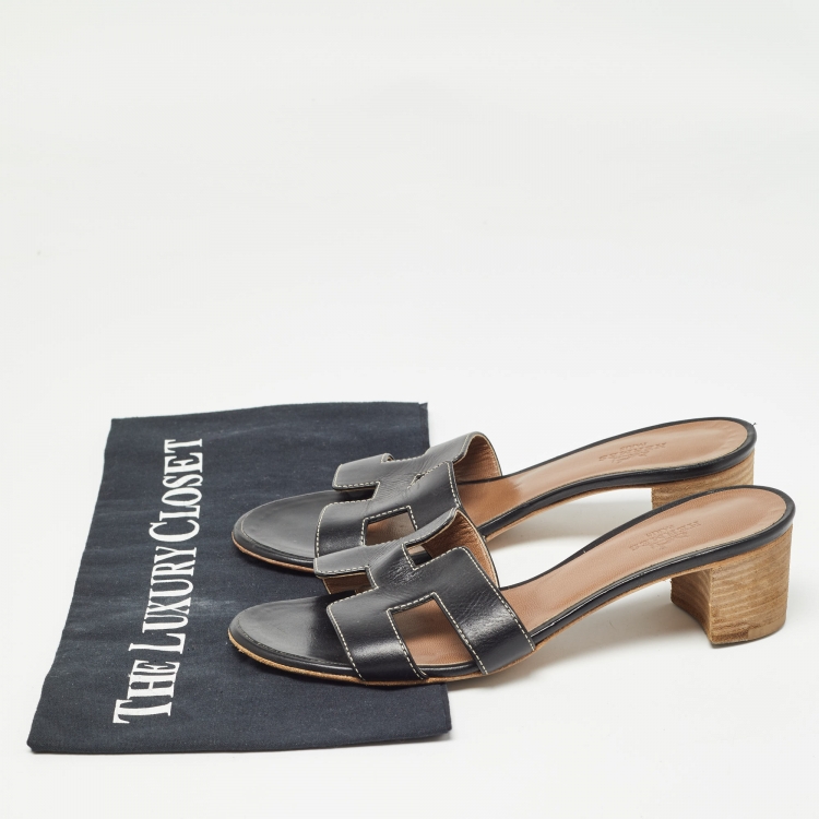 Pre Owned Hermes Black Leather Oasis Slide Sandals Size 35