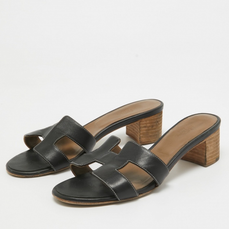 Pre Owned Hermes Black Leather Oasis Slide Sandals Size 36