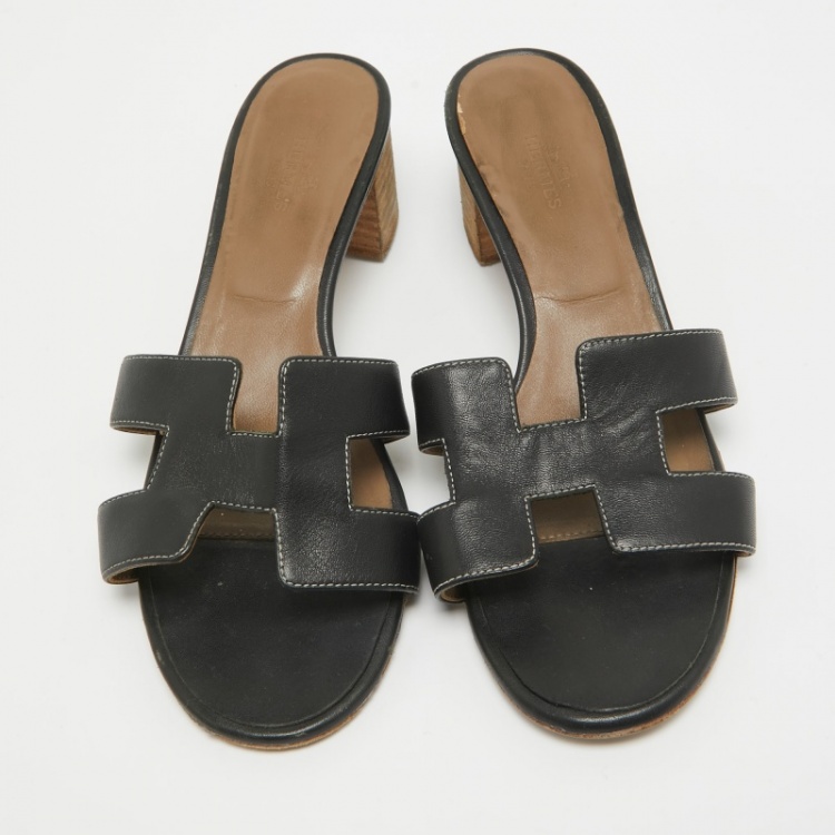 Pre Owned Hermes Black Leather Oasis Slide Sandals Size 36