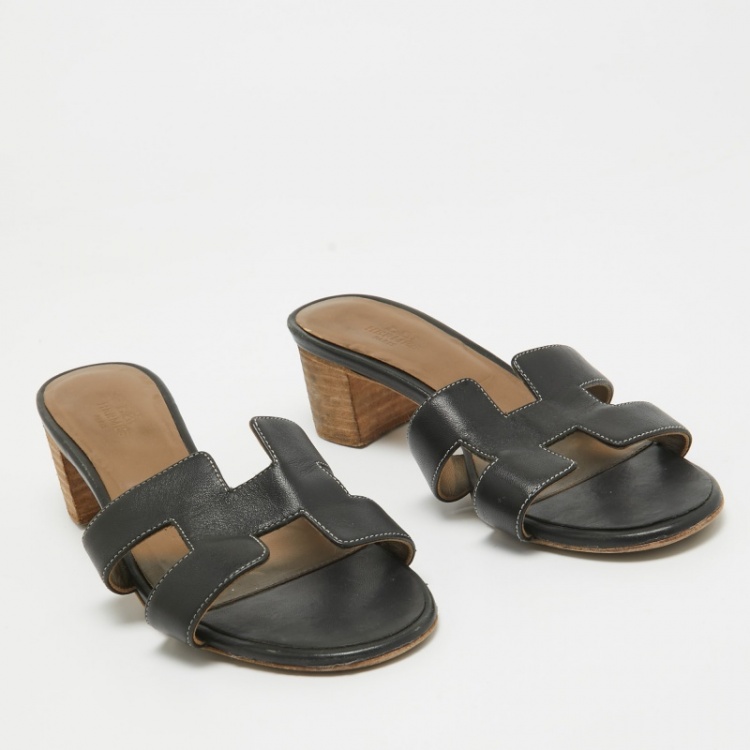 Pre Owned Hermes Black Leather Oasis Slide Sandals Size 36