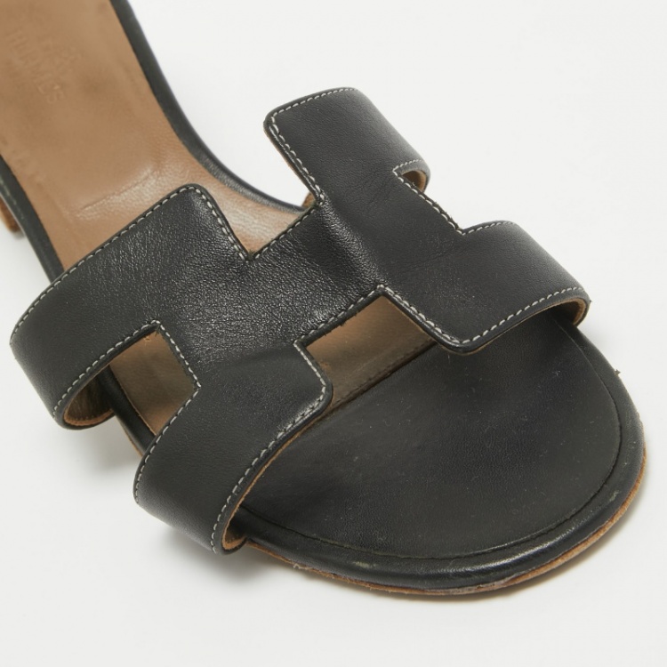 Pre Owned Hermes Black Leather Oasis Slide Sandals Size 36