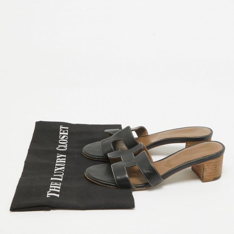 Pre Owned Hermes Black Leather Oasis Slide Sandals Size 36