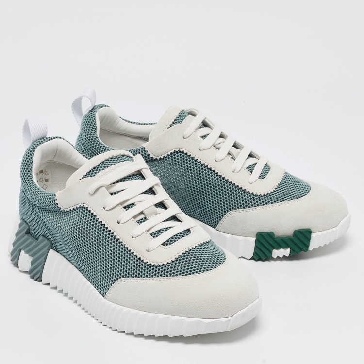Pre Owned Hermes Green/Grey Mesh and Suede Bouncing Sneakers Size 38.5
