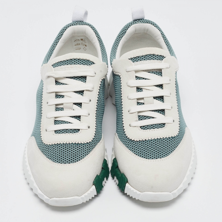 Pre Owned Hermes Green/Grey Mesh and Suede Bouncing Sneakers Size 38.5
