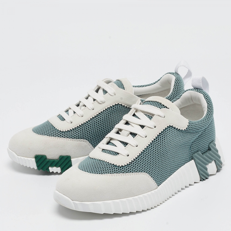 Hermes Green/Grey Mesh and Suede Bouncing Sneakers Size 38.5