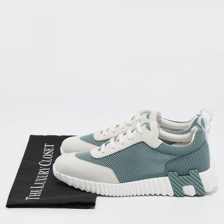Pre Owned Hermes Green/Grey Mesh and Suede Bouncing Sneakers Size 38.5