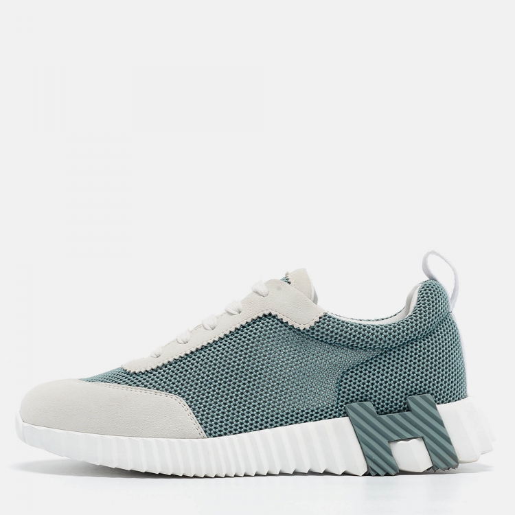 Hermes Green/Grey Mesh and Suede Bouncing Sneakers Size 38.5