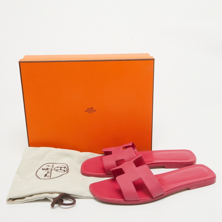 Pre Owned Hermes Pink Leather Oran Flat Slides Size 40