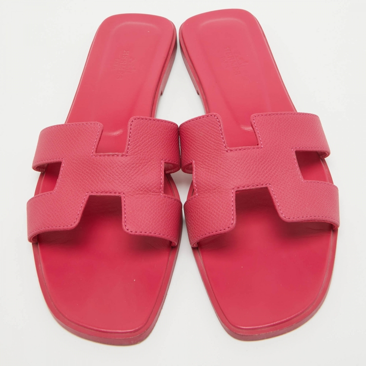 Pre Owned Hermes Pink Leather Oran Flat Slides Size 40