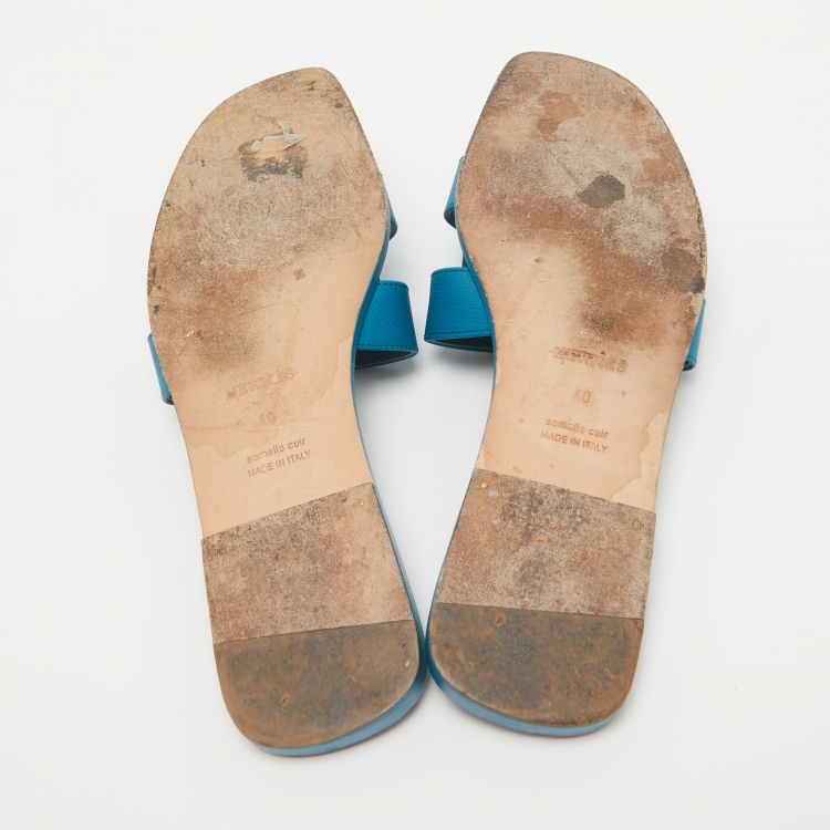 Pre Owned Hermes Blue Leather Oran Flat Slides Size 40