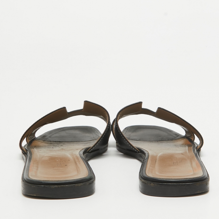 Pre Owned Hermes Black Leather Oran Flat Slides Size 40