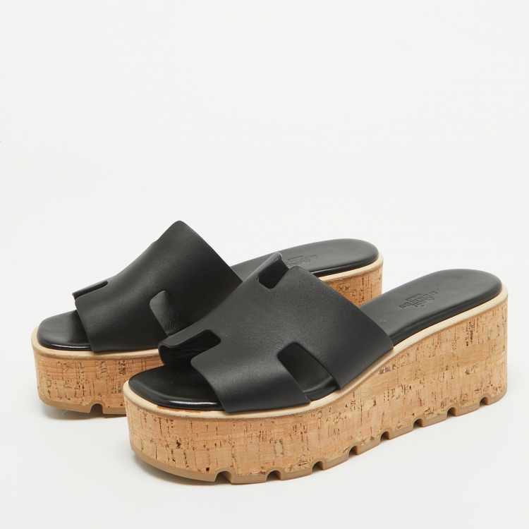 Pre Owned Hermes Black Leather Eze 30 Sandals Size 39