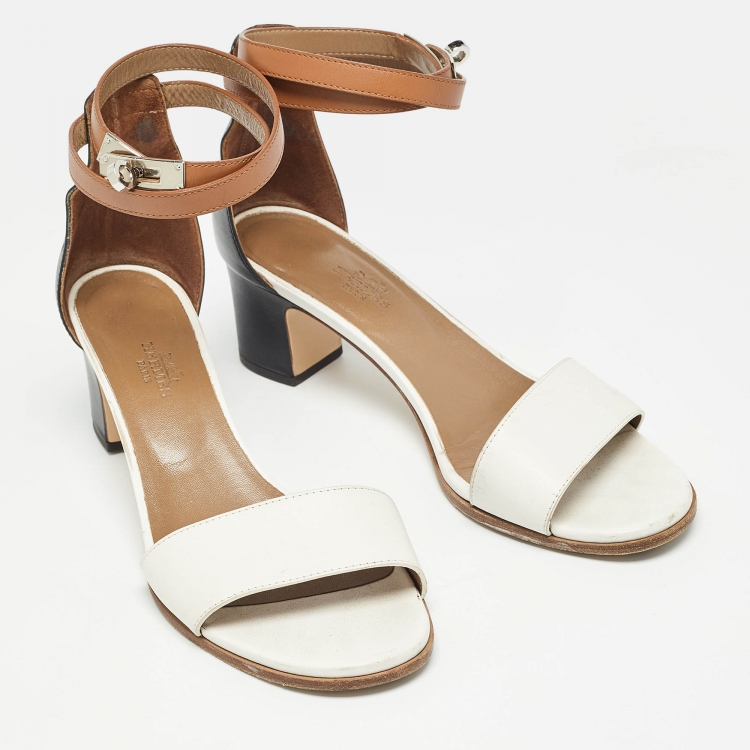 Pre Owned Hermes Tricolor Leather Manege Block Heel Ankle Strap Sandals Size 39