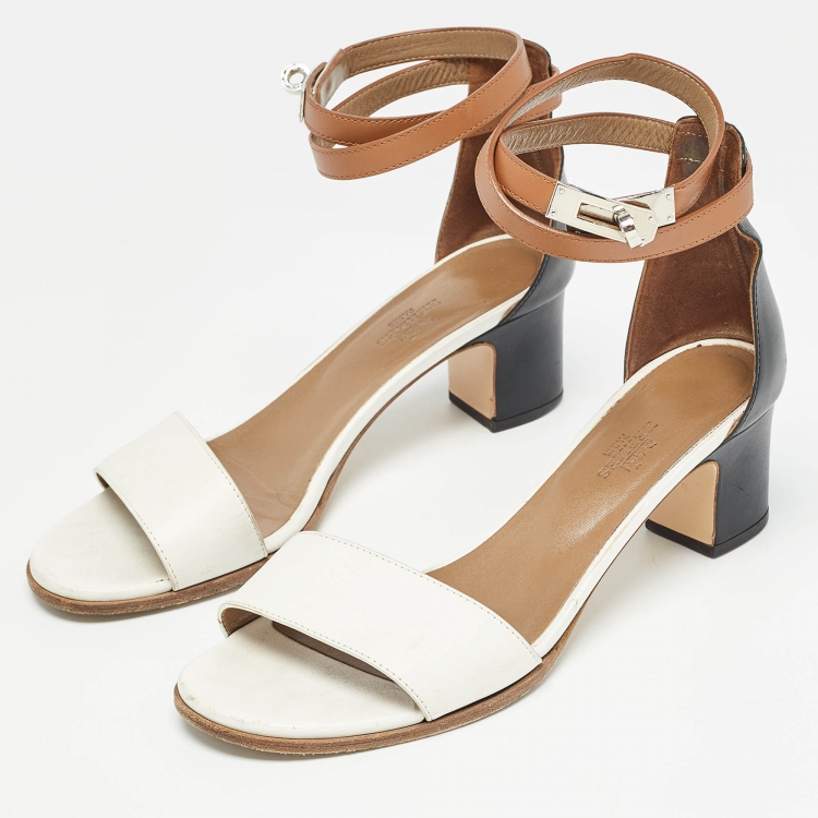 Pre Owned Hermes Tricolor Leather Manege Block Heel Ankle Strap Sandals Size 39