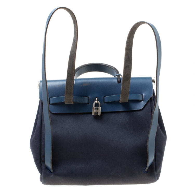 Pre Owned Hermes Denim Blue Fabric and Leather 2-in-1 Herbag Backpack
