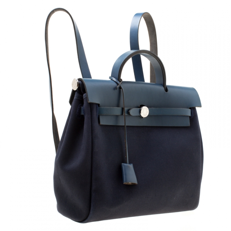 Pre Owned Hermes Denim Blue Fabric and Leather 2-in-1 Herbag Backpack