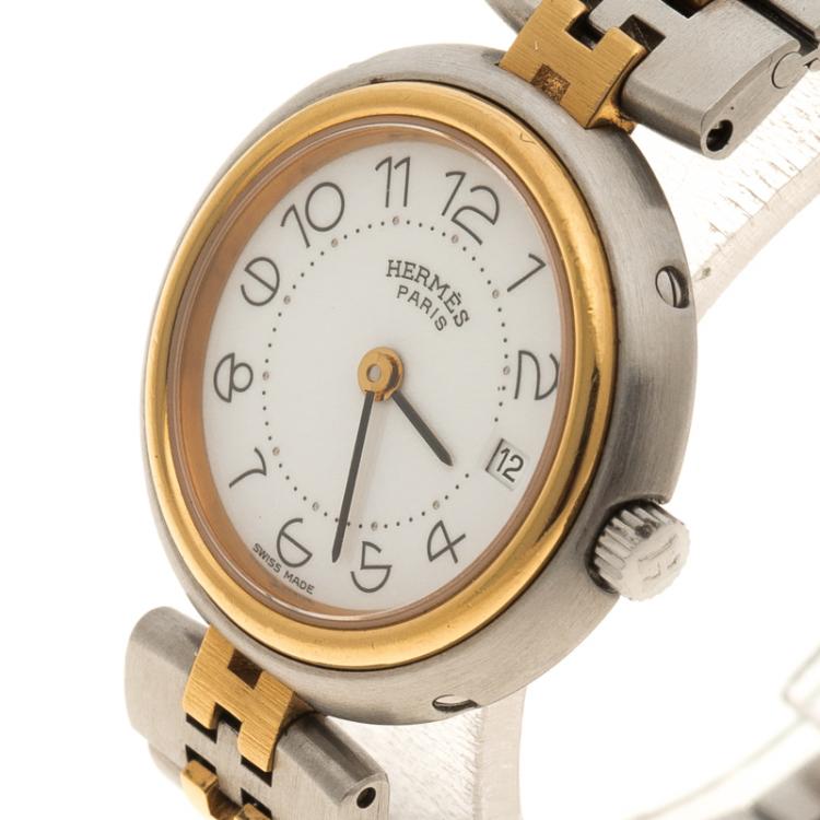 Pre Owned Hermes White Gold-Plated Stainless Steel Clipper Women's Wristwatch 25 mm