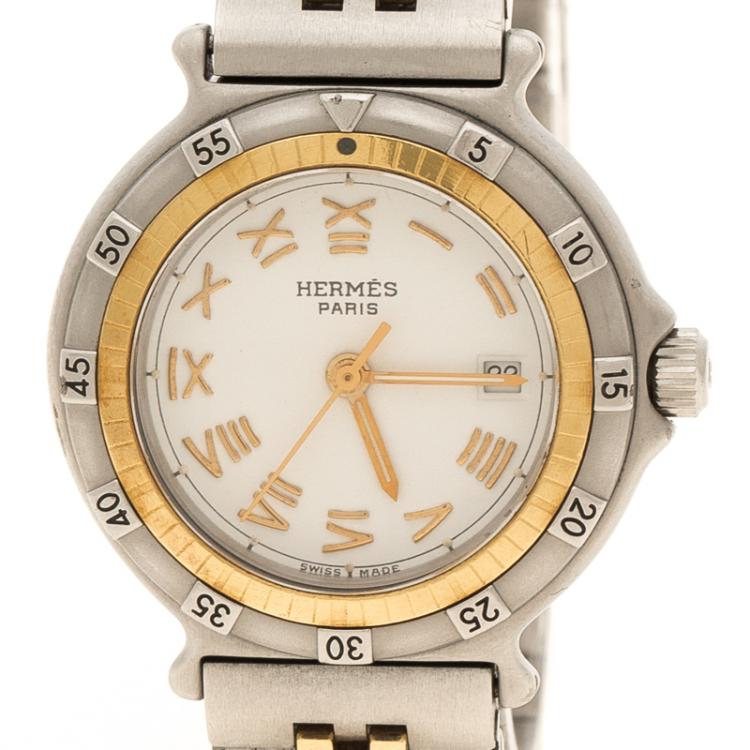 Pre Owned Hermes White Stainless Steel And Gold Tone Captain Nemo Women's Wristwatch 27 mm