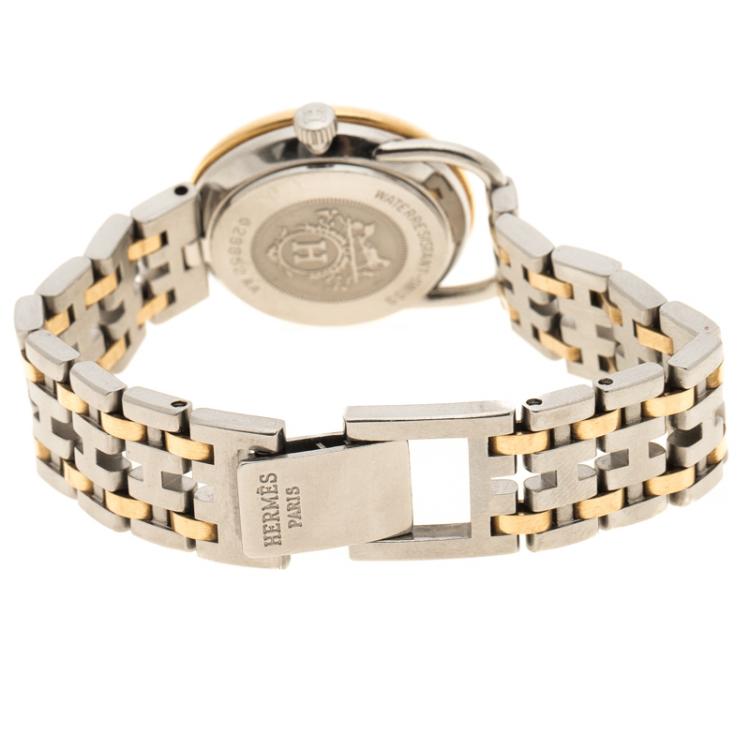 Pre Owned Hermes White 18K Yellow Gold Plated And Stainless Steel Arceau Women's Wristwatch 25 mm