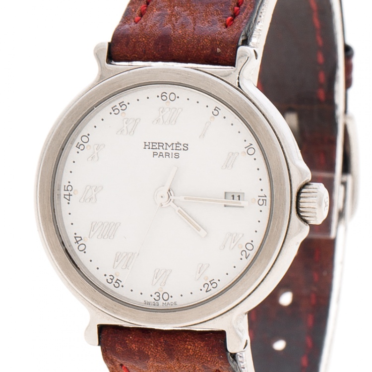 Pre Owned Hermes White Stainless Steel Leather Women's Wristwatch 27MM