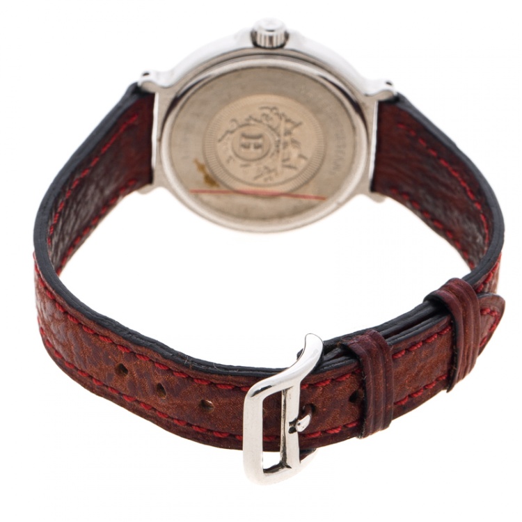 Pre Owned Hermes White Stainless Steel Leather Women's Wristwatch 27MM