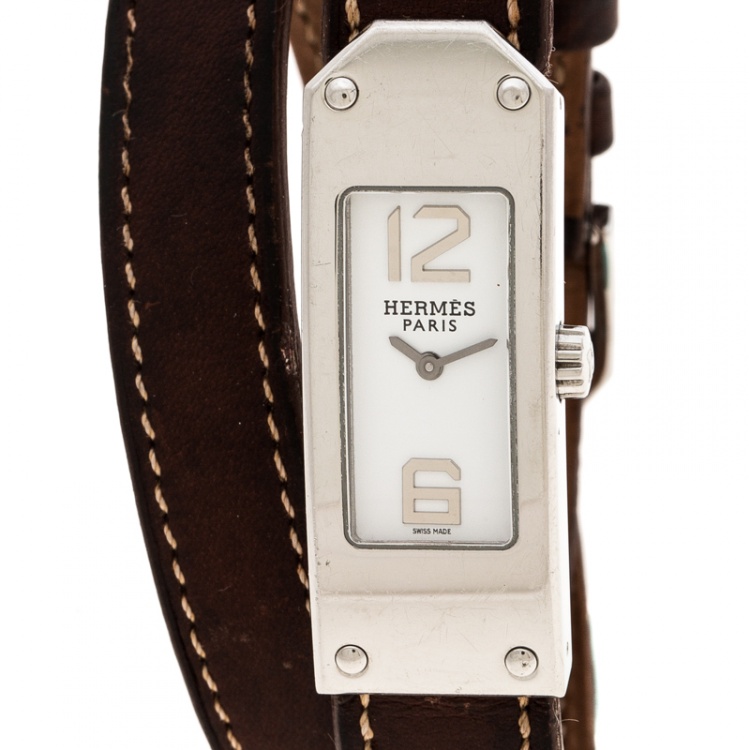 Pre Owned Hermes White Stainless Steel Kelly 2 Double Tour KT1.210 Women's Wristwatch 15 mm