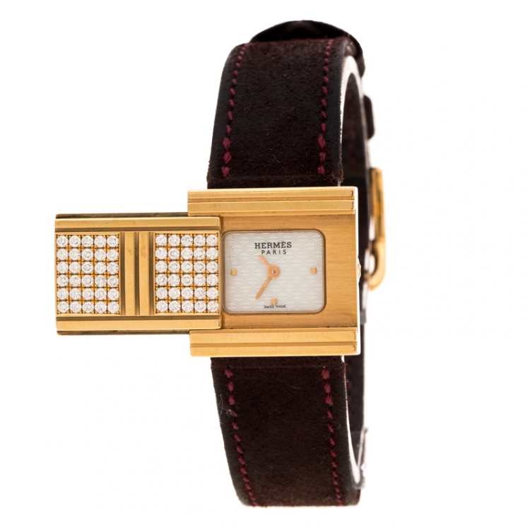 Pre Owned Hermes Mother of Pearl Diamond & 18K Gold Glissade GL1.271 Women's Wristwatch 20 mm
