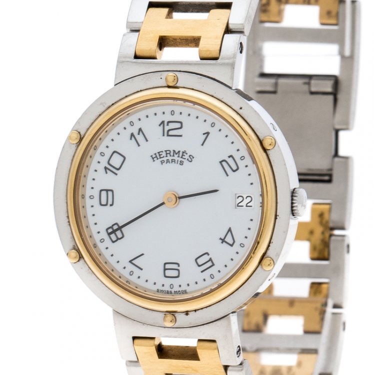 Pre Owned Hermes White Gold Plated Stainless Steel Clipper Women's Wristwatch 34 mm