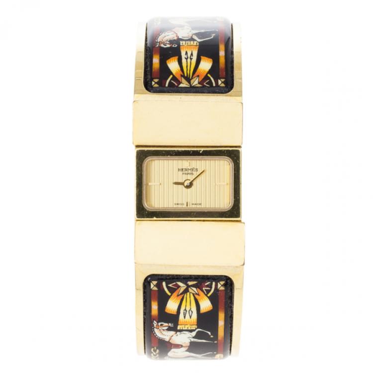 Pre Owned Hermes Gold Stainless Steel Black Loquet Bangle Women's Wristwatch 20MM