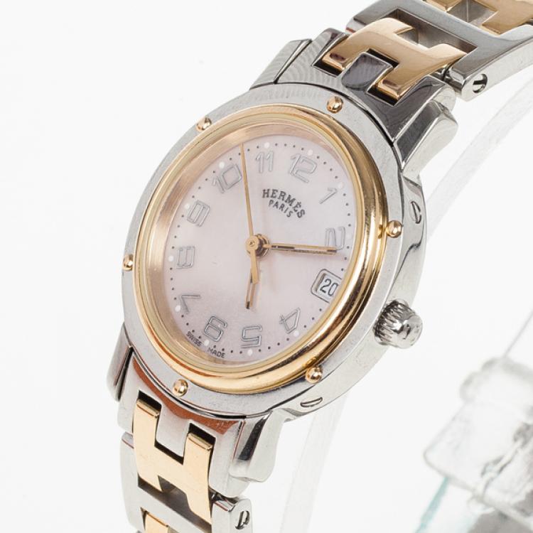 Pre Owned Hermes White Gold & Steel Clipper PM Women's Wristwatch 24MM