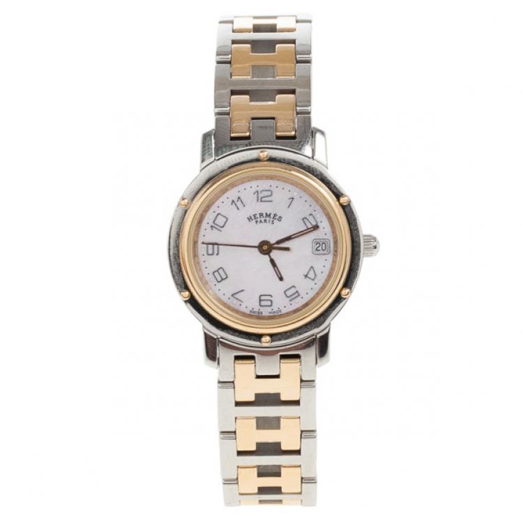 Pre Owned Hermes White Gold & Steel Clipper PM Women's Wristwatch 24MM