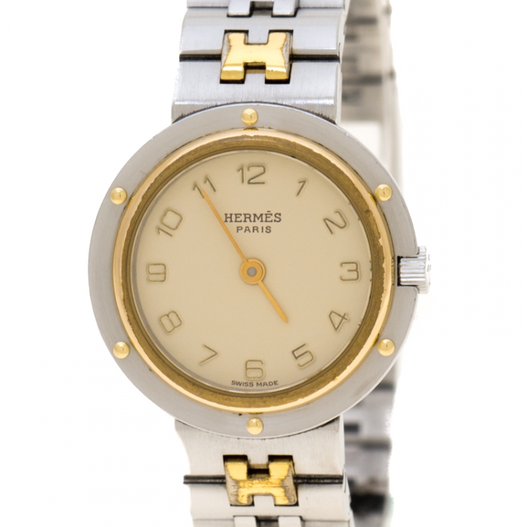 Pre Owned Hermes Beige Two-Tone Stainless Steel Clipper Women's Wristwatch 24 mm