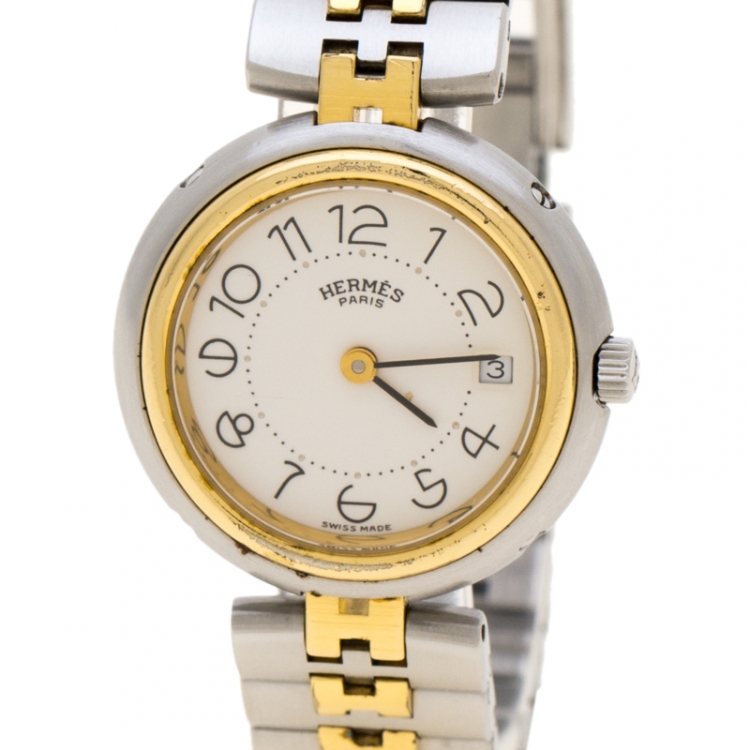 Pre Owned Hermes White Gold Plated and Stainless Steel Clipper Women's Wristwatch 25 mm
