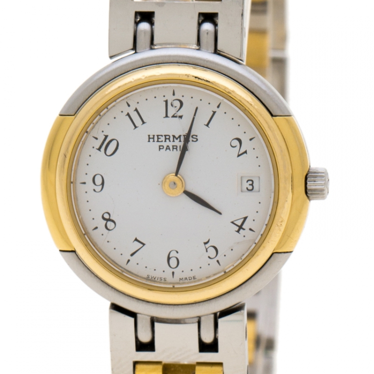 Pre Owned Hermes White Gold Plated and Stainless Steel Windsor 62.03 Women's Wristwatch 24 mm