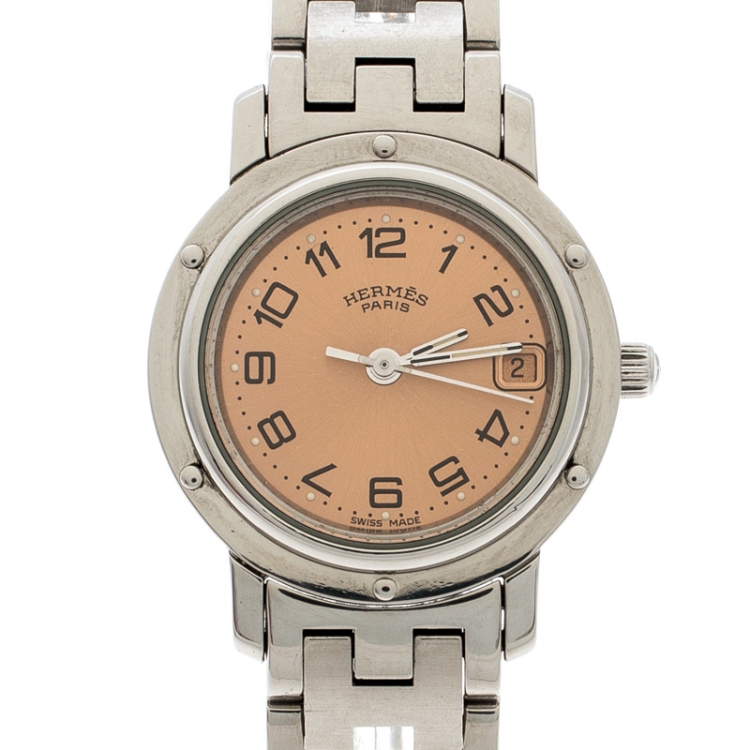 Pre Owned Hermes Pink Stainless Steel Clipper CL4.210 Women's Wristwatch 24MM