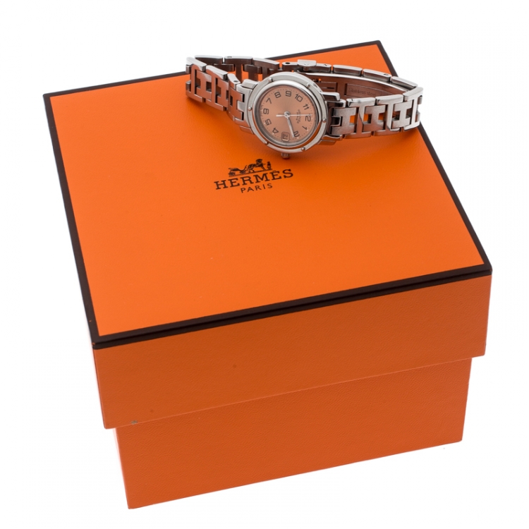 Pre Owned Hermes Pink Stainless Steel Clipper CL4.210 Women's Wristwatch 24MM