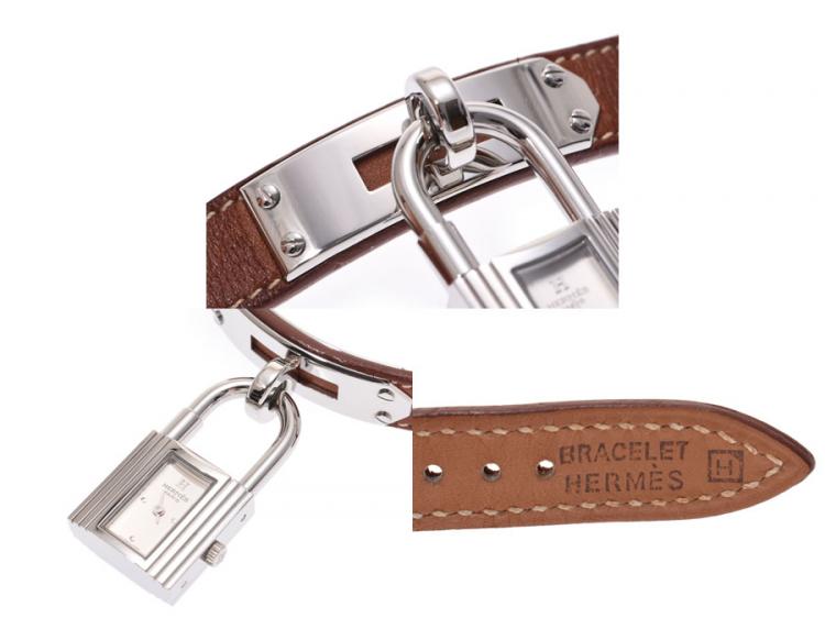 Pre Owned Hermes Silver Stainless Steel and Leather Kelly KE1.210 Women's Wristwatch 20x38MM