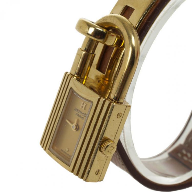 Pre Owned Hermes Brown Gold Plated SS Leather Womens Wristwatch 20 MM