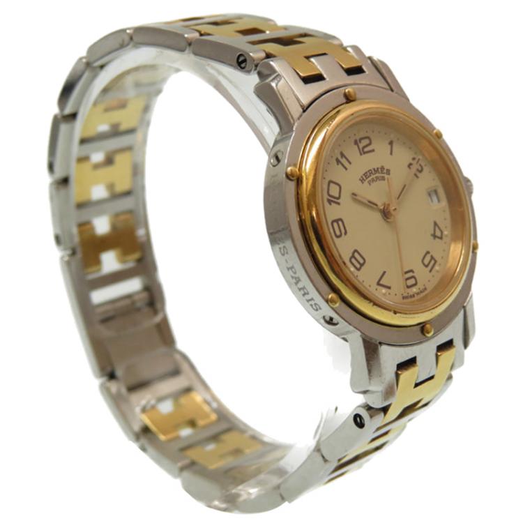 Pre Owned Hermes Gold and Stainless Steel Clipper Quartz Cl 3.240 Analog Women's Wristwatch 24MM