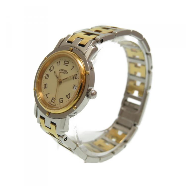 Pre Owned Hermes Gold and Stainless Steel Clipper Quartz Cl 3.240 Analog Women's Wristwatch 24MM