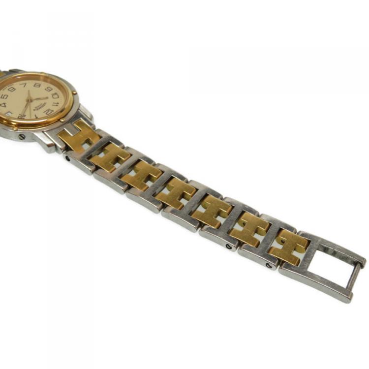 Pre Owned Hermes Gold and Stainless Steel Clipper Quartz Cl 3.240 Analog Women's Wristwatch 24MM