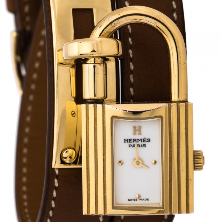Pre Owned Hermes White Dial Yellow Gold Plated Kelly KE1.201 Women's Wristwatch 20 mm