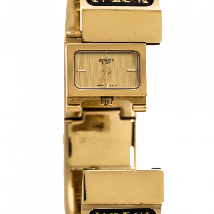 Pre Owned Hermes Gold Plated Stainless Steel Loquet L01.201 Women's Wristwatch 19 mm
