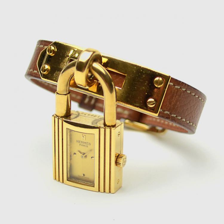 Pre Owned Hermes Gold Brown Leather Kelly Womens Wristwatch 20 MM