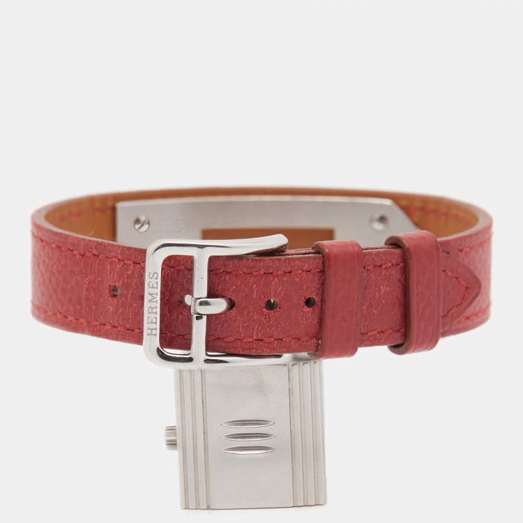 Pre Owned Hermes Silver Stainless Steel Leather Kelly KE1.210 Women's Wristwatch 20 mm
