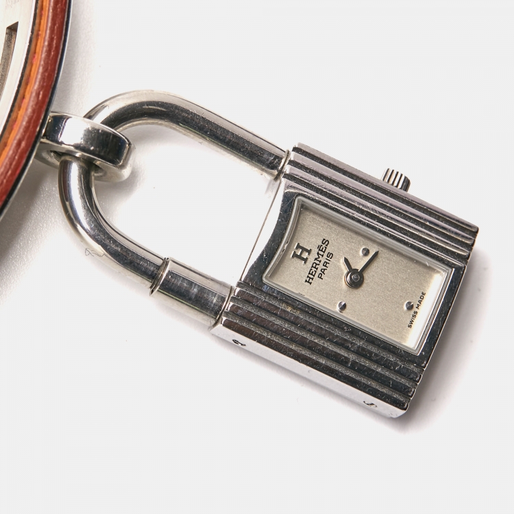 Pre Owned Hermes Silver Stainless Steel Leather Kelly KE1.210 Women's Wristwatch 20 mm