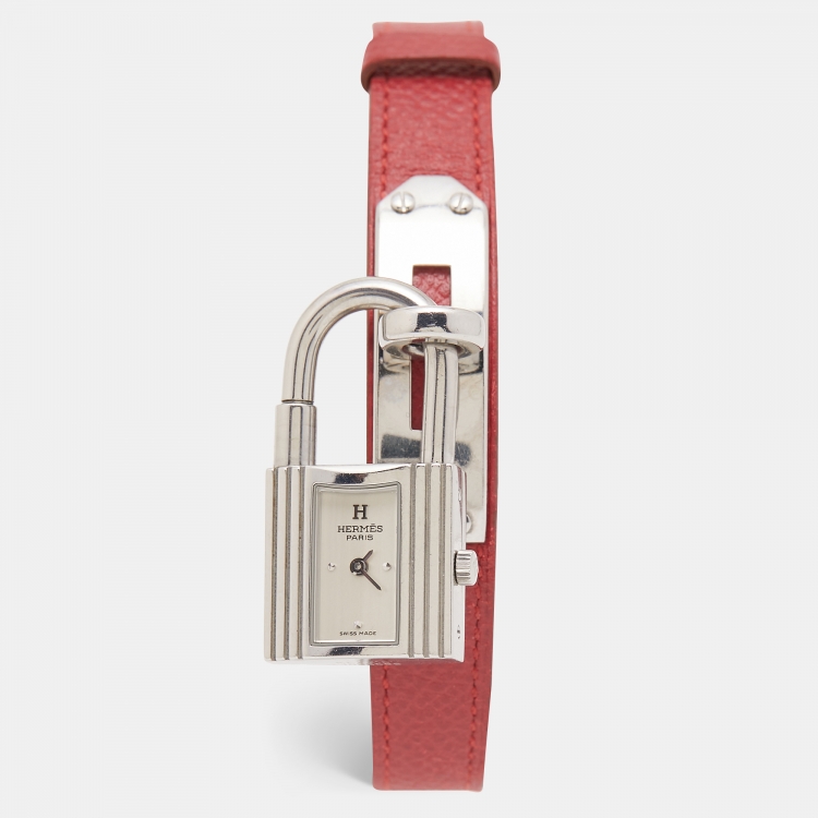 Pre Owned Hermes Silver Stainless Steel Leather Kelly KE1.210 Women's Wristwatch 20 mm