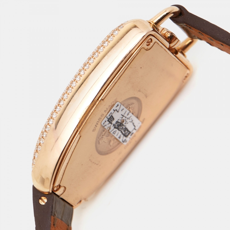 Pre Owned Hermes White 18k Rose Gold Diamond Alligator Galop d'Hermès GA1.271 Women's Wristwatch 26 mm