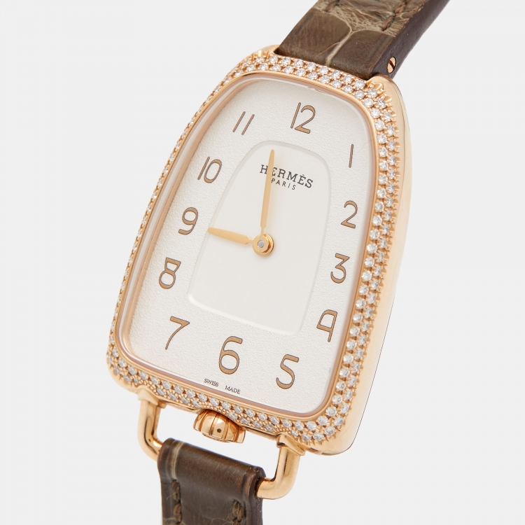 Pre Owned Hermes White 18k Rose Gold Diamond Alligator Galop d'Hermès GA1.271 Women's Wristwatch 26 mm
