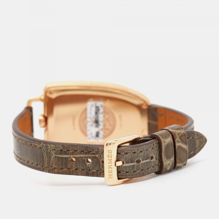 Pre Owned Hermes White 18k Rose Gold Diamond Alligator Galop d'Hermès GA1.271 Women's Wristwatch 26 mm